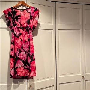 Black dress with pink and purple floral design